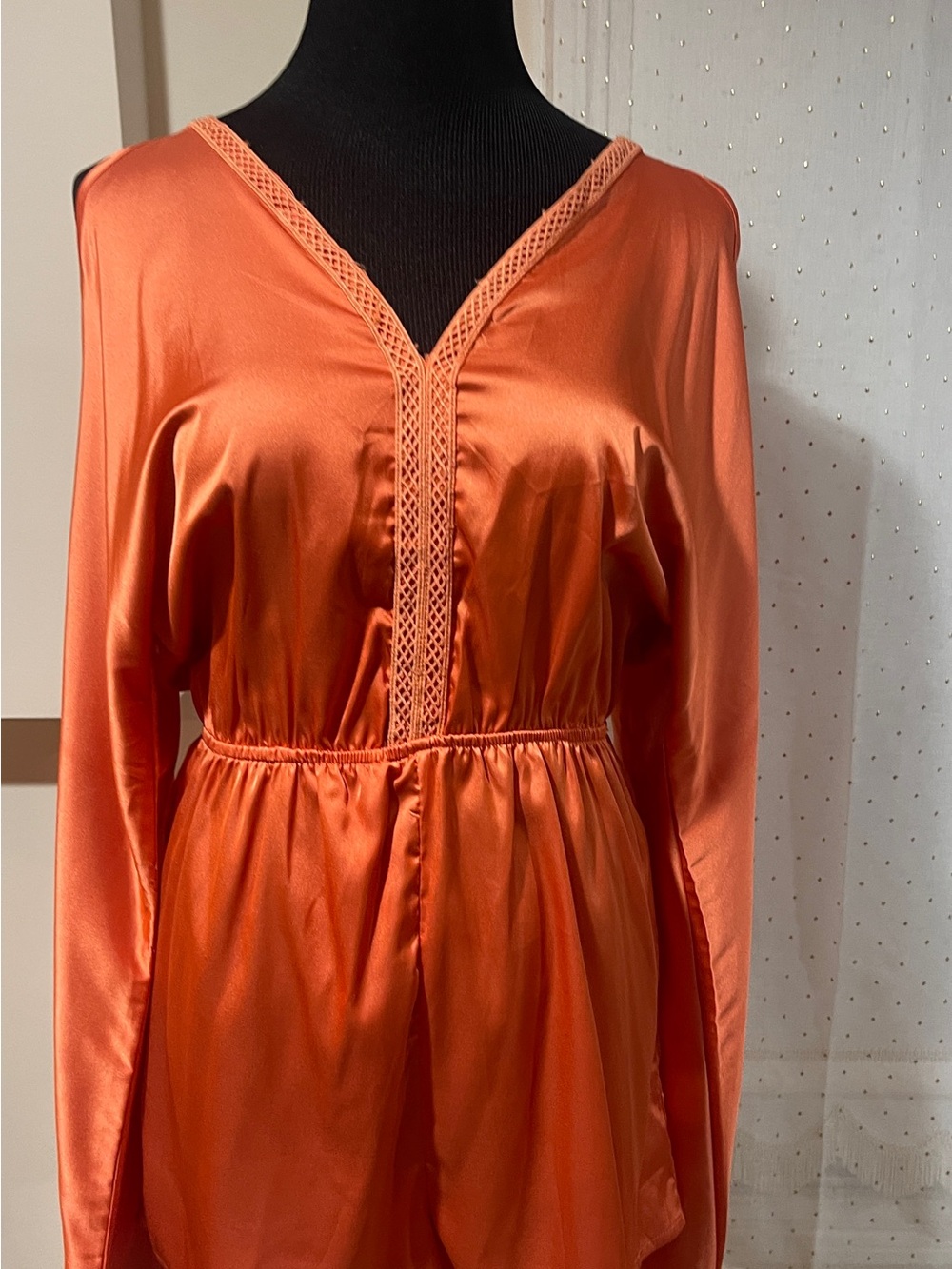SHEIN Coral-Orange Satin V-Neck Long Sleeve Romper
